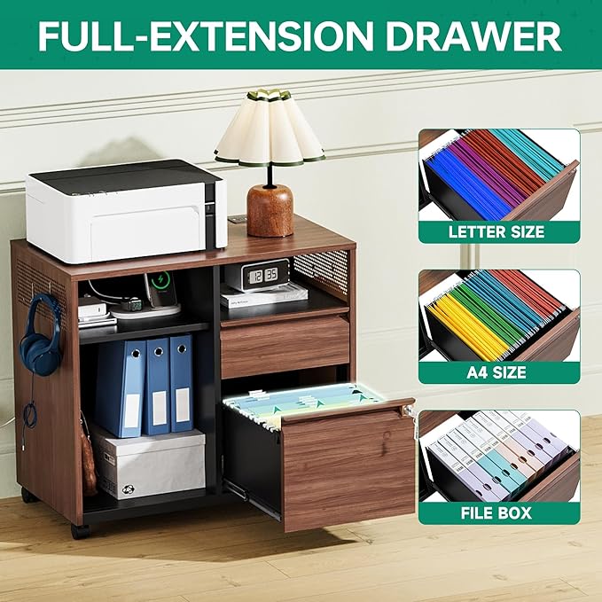 Letaya Mobile 2 Drawer File Cabinet with Lock, Metal Lateral Printer Stand Filing Storage Cabinets with Shelves for Home Office-A4/F4/Letter (Charging Socket)-DeskLoop Office