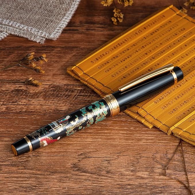Hongdian 231 Chinese Classical Fountain Pen, Iridum Extra Fine Gold Nib with Chinese Painting Design, Smooth Writing Pen with Ink Converter and Metal Pen Box Set