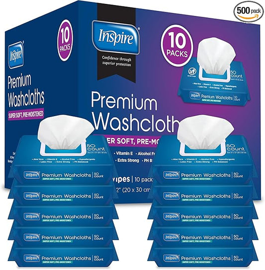 Inspire Adult Wet Wipes, Wash Cloths | Adult Wipes for Incontinence & Cleansing for Elderly, 8"x12" (500CT (10 PACKS OF 50))-DeskLoop Office