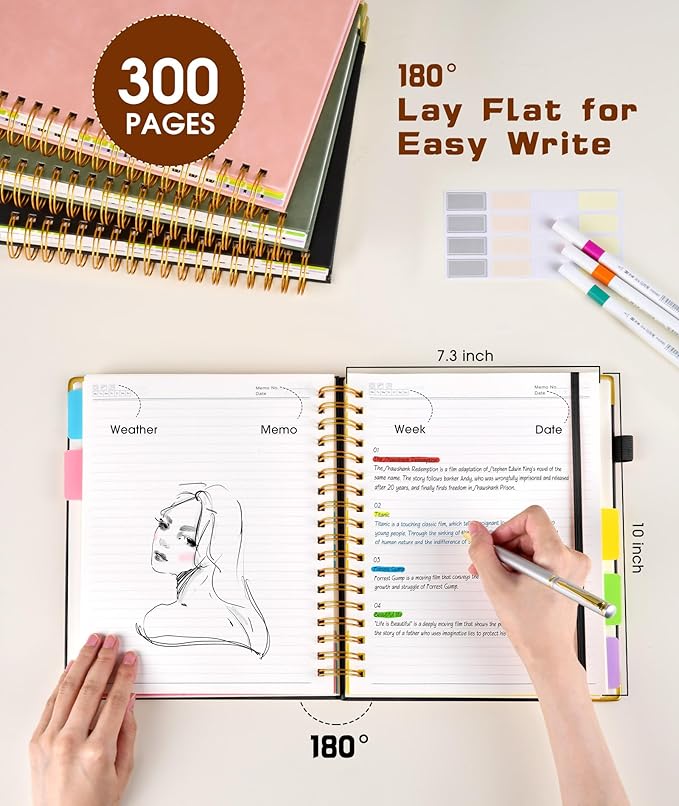 Hardcover Spiral Notebook journal with Removable Dividers Tabs, 300 Pages Leather 5 Subject Notebook College Ruled, 8"x10" Large B5 Notebooks for Work School Note taking, Lined Journal for Women,Black