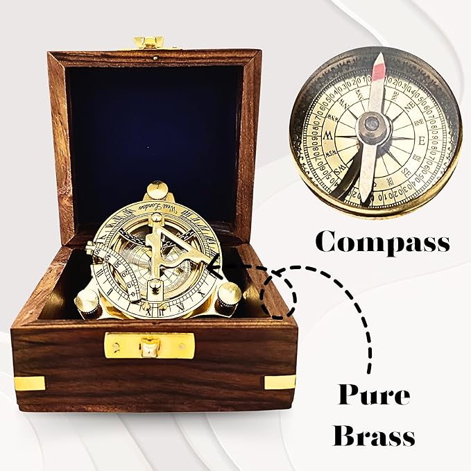 Antique Brass & Copper Sundial Compass, Sundial Clock in Box Gift Sun Clock Ship Replica Watch, Nautical Gifts for Men, Unique Nautical Decor, Naval Maritime Sundial (#4 Golden Sundial)-DeskLoop Office