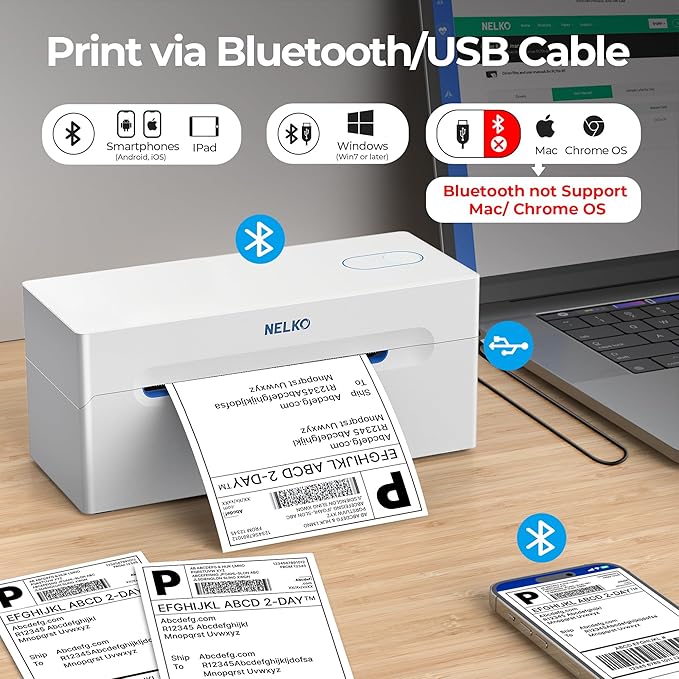 Nelko Bluetooth Thermal Shipping Label Printer, Wireless 4x6 Shipping Label Printer for Small Business, Support Android, iPhone and Windows, Widely Used for Amazon, Ebay, Shopify, Etsy(White)-DeskLoop Office