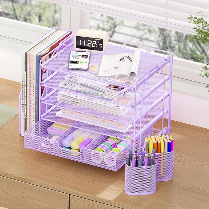 Desk Organizers and Accessories, 5-Tier Paper File Organizer with Drawer & Pen Holder, Office Desk Accessories Workspace Desktop Organizer for Office Supplies((Purple)-DeskLoop Office