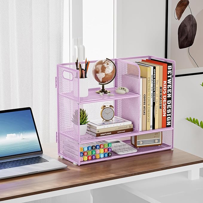 Marbrasse 3-Tier Desk Shelf Organizer with Handle, Desktop Bookshelf File Holder, Mesh Display Shelf Organizer Storage Rack for Office, Home, Supplies, Kitchen (Purple)-DeskLoop Office