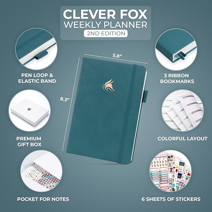 Clever Fox Planner 2nd Edition – Colorful Weekly & Monthly Goal Planner, Time Management & Productivity Organizer, Undated, A5 (Dark Teal)-DeskLoop Office