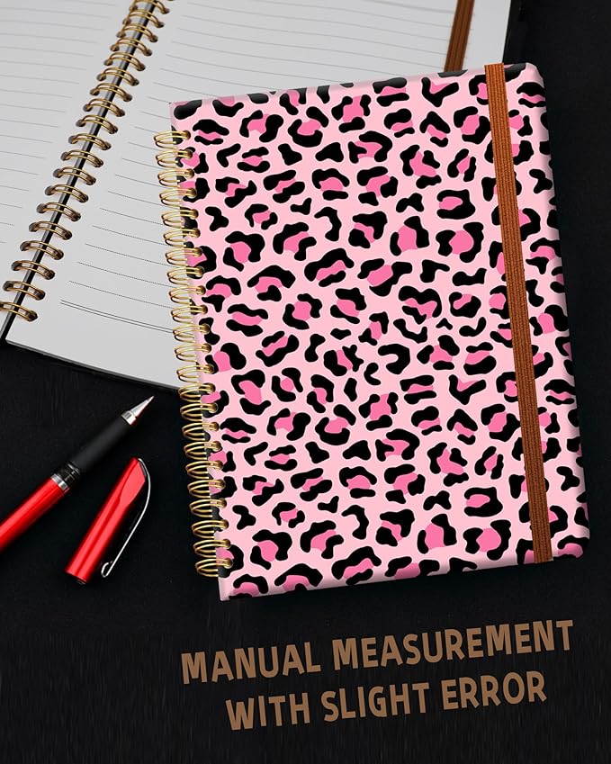 Ruled Spiral Writing Notebook,A5 Hardcover Lined College Journal for Women Lady,Fashion Puppy Watercolor Strong Twin-Wire Binding with Premium Paper,8.4" X 6",Perfect for School,Office,Home Gifts(Pink Leopard)-DeskLoop Office