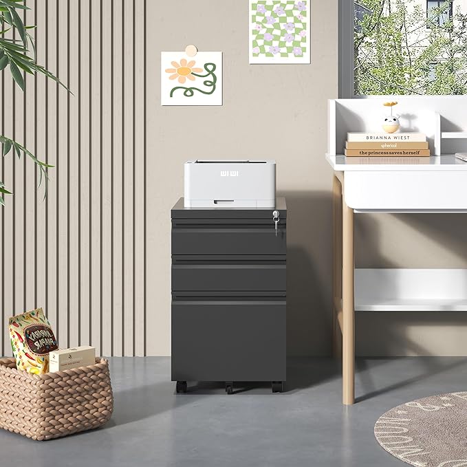 3 Drawer Mobile File Cabinet, Filing Cabinet Home Office for Letter, Legal Size, Fully Assembled Under Desk File Cabinet, Black-DeskLoop Office