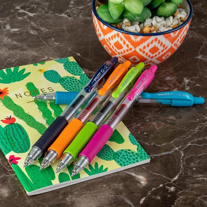 G2 Retractable Premium Gel Ink Roller Ball Pens Extra Fine Point (.5mm) Purple Ink 5 pack; Refillable & Premium Comfort Grip Bundle with Plastic Reusable Pouch-DeskLoop Office