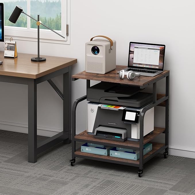 23.6" Deep Extra Large Printer Stand, 3 Tier Printer Table with Adjustable Storage Shelf, Rolling Printer Cart with Industrial Wheels for Home Office, Rustic Brown-DeskLoop Office