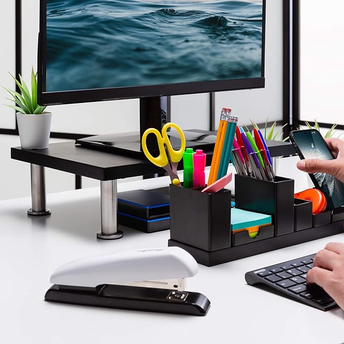 The Original Bamboo Monitor Stand (As Seen On PBS) - Monitor Riser for Computer Screen or Laptop - Desk Shelf Adds Storage Space and Improves Ergonomics - Black-DeskLoop Office