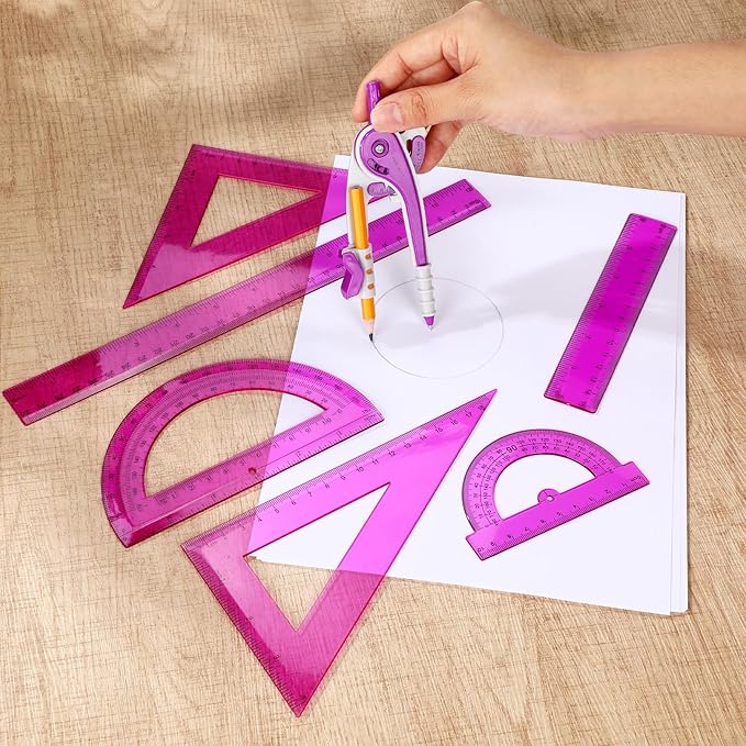 Zonon 1 Set Plastic Geometry Math Set 7 Pcs Includes 6'' / 4 '' Protractor, Drawing Compass, 45/60 Degree Triangle Rulers, 12'' / 6'' Math Ruler Transparent for Office Supplies(Purple)-DeskLoop Office