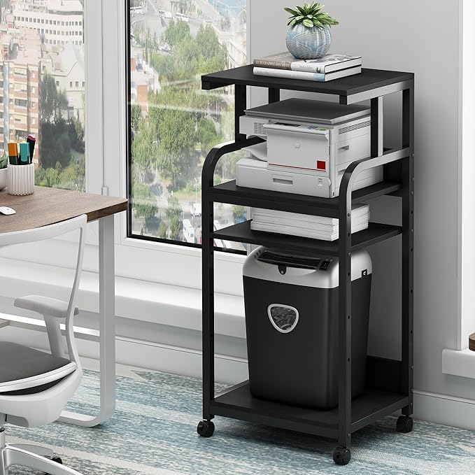 Printer Stand with Adjustable Shelf, 4 Tier Large Tall Printer Table with Wheels for Home Office Storage and Organization, Rolling Stand Cart for Computer Tower CPU Shredder, Black-DeskLoop Office
