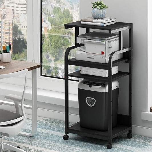 Printer Stand with Adjustable Shelf, 4 Tier Large Tall Printer Table with Wheels for Home Office Storage and Organization, Rolling Stand Cart for Computer Tower CPU Shredder, Black-DeskLoop Office