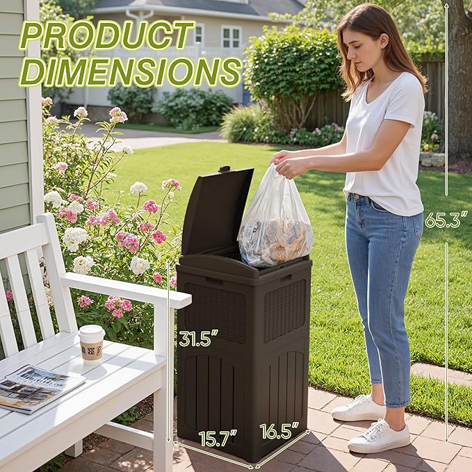 Greesum 33 Gallon Outdoor Trash Can with Lid (2-Pack), Heavy Duty Resin Garbage Bin, Waterproof & UV Resistant for Patio, Garden, Deck, Yard, Brown-DeskLoop Office