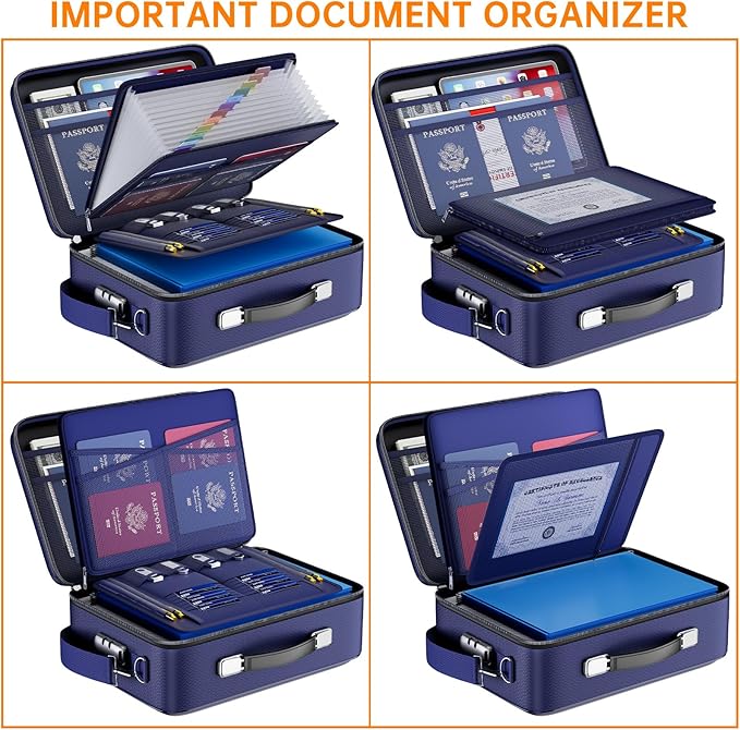 DocSafe Fireproof Document Box with Lock&Shoulder Strap,Hard Case File Organizer with Accordion File Folder,Multi-Layer Portable Home Office Travel Safe Storage for Important Documents Laptop Blue-DeskLoop Office