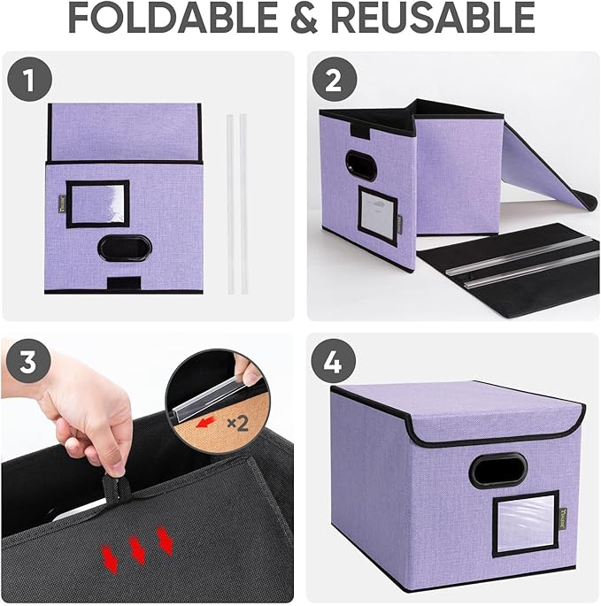 BALEINE File Organizer Box with Lid, Collapsible File Folder Organizer with Plastic Slide, Hanging File Folder Box for Office Document Storage (1 Pack, Purple)-DeskLoop Office