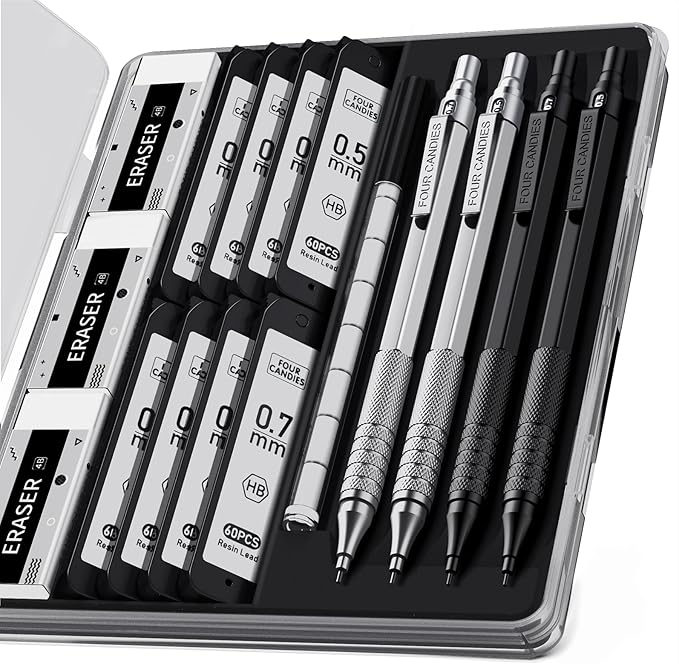 Four Candies 4PCS Metal Mechanical Pencils Set with Case, 0.5mm & 0.7 mm Artist Pencil with 8 Tubes (480PCS) HB Lead Refills, 3 Erasers,9 Eraser Refills For Writing Drafting, Drawing, Black&Silver-DeskLoop Office
