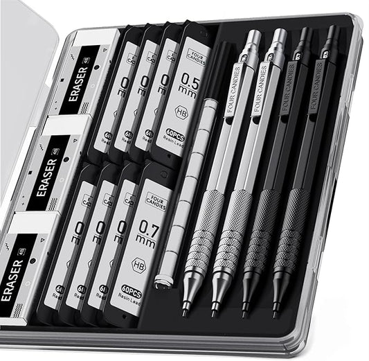 Four Candies 4PCS Metal Mechanical Pencils Set with Case, 0.5mm & 0.7 mm Artist Pencil with 8 Tubes (480PCS) HB Lead Refills, 3 Erasers,9 Eraser Refills For Writing Drafting, Drawing, Black&Silver-DeskLoop Office