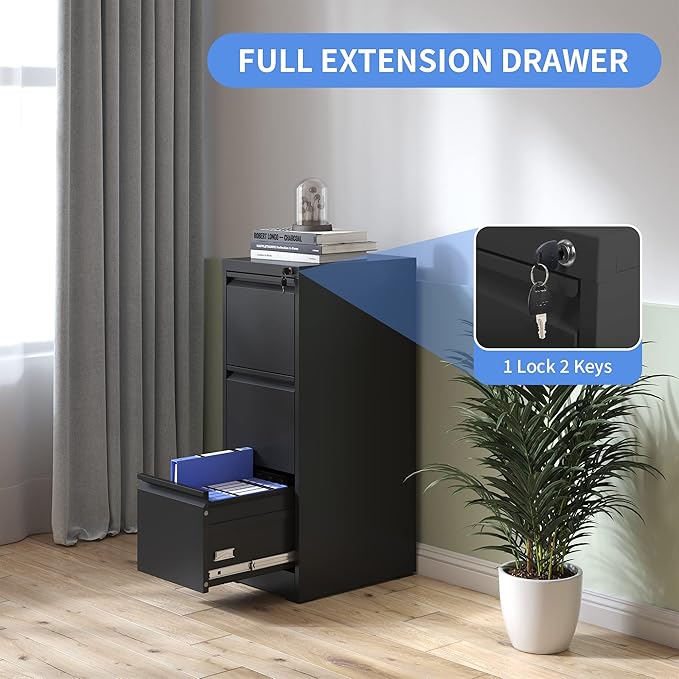 3 Drawer File Cabinet with Lock, Vertical File Cabinet with Lock, Locking File Cabinet Hanging Files for A4/ Legal/Letter, Require Assembly, Black-DeskLoop Office