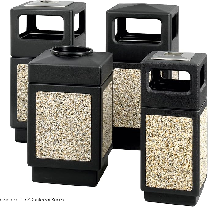 Safco Canmeleon Trash Can, 30 Gallons, Indoor and Outdoor Use, Durable & Weather-Resistant Commercial Garbage Can with Ashtray and Stone Panels, Black-DeskLoop Office