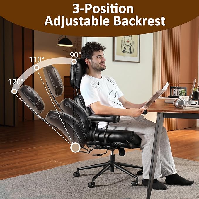 Faux Leather Executive Office Chair - Big and Tall Ergonomic Home Office Chair,Reclining Computer Desk Chair with Lumbar Support,Adjustable Task Chair Swivel Rolling PC Chair with Wheels,Black,PU-DeskLoop Office