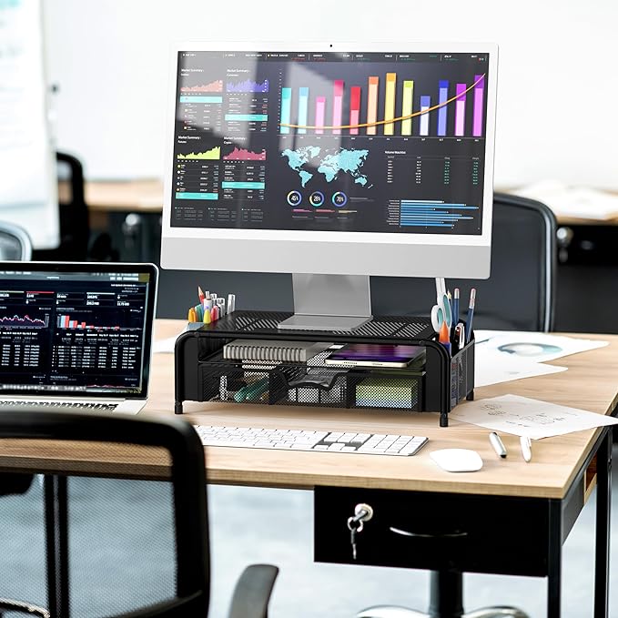 Simple Houseware Monitor Riser Stand with Pull-Out Drawer and Pen Holders, Black-DeskLoop Office