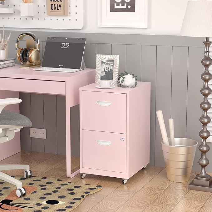 2 Drawer File Cabinet with Lock,Pink Rolling File Cabinet for Home Office, Metal Small Mobile Filing Cabinets on Wheels for Hanging Letter