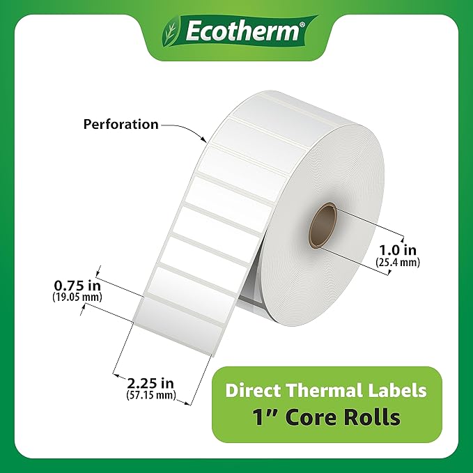 2.25" x .75" Thermal Labels | 6 Rolls | 19890 Labels | fits Zebra, Munbyn, Rollo, Godex, Arkscan, iDPRT, Offnova Thermal Label Printers and More | Blank White Adhesive Stickers by Ecotherm-DeskLoop Office