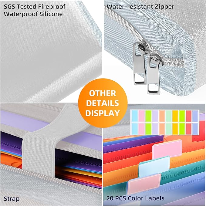 JUNDUN Accordion File Organizer - 12 Pocket Expanding File Folder with Zipper & Labels - Fireproof File Folder Organizer with Multi-Pockets,Document Organizer for Letter A4 Files and More (Silver)-DeskLoop Office