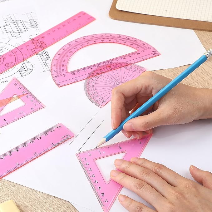 Tenare 1 Set Plastic Clear Math Set Includes Protractor Triangle Rulers 12 Inch 6 Inch Straight Geometry Math Transparent Ruler Measuring Tool for School Office Home Supplies(Pink)