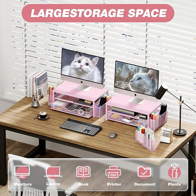 Desk Organizers and Accessories, 2-Tier Computer Monitor Stand Riser with Drawer and 2 Pen Holders, Laptop Stand, Office Desk Accessories for Office Supplies, Pink-DeskLoop Office