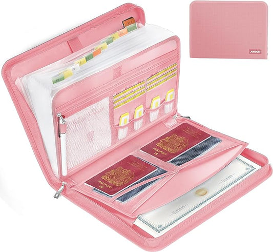 JUNDUN Accordion File Organizer - Fireproof Accordion Folder with Zipper & Labels - 12 Pocket Expanding File Folder with Multi-Pockets Paper Organizer Folder for Letter A4 Files and More (Pink)-DeskLoop Office