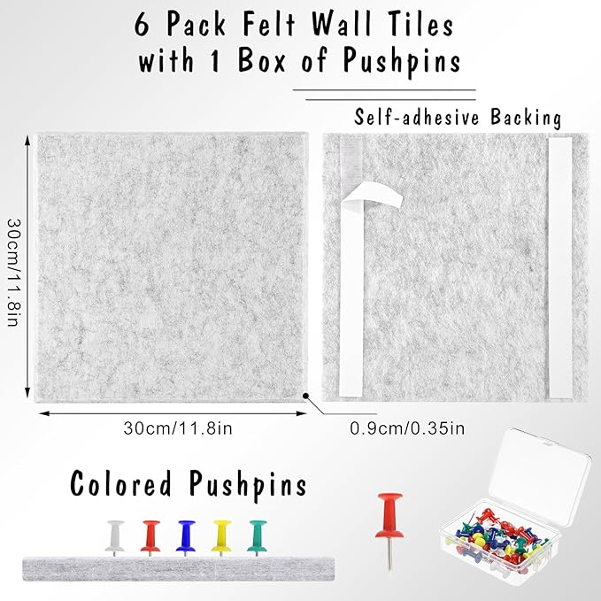 Large Cork Board 36" x 24", 6 Pack Felt Wall Tiles with Colored Pushpins, Bulletin Board with Removable Self-Adhesive Strips, Pin Board Cork Boards for Walls Office Home-Light Gray-DeskLoop Office