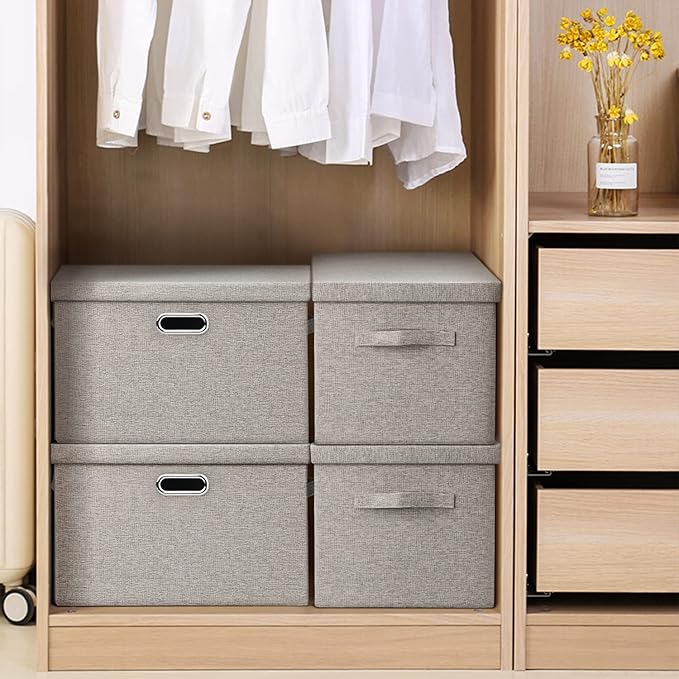 Large 17 36 Quart Collapsible Stackable Storage Bins with Lids, 1 Pack Beige Foldable Fabric Closet Storage Boxes with Lids, 4 Handles Toy Heavyduty Dark Gray Linen Storage Cube Box-DeskLoop Office