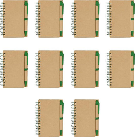 Mini Spiral Notebooks with Black Ink Pens Set of 10, Bulk Pack - Perfect for School, Office, Business, Home - Green-DeskLoop Office