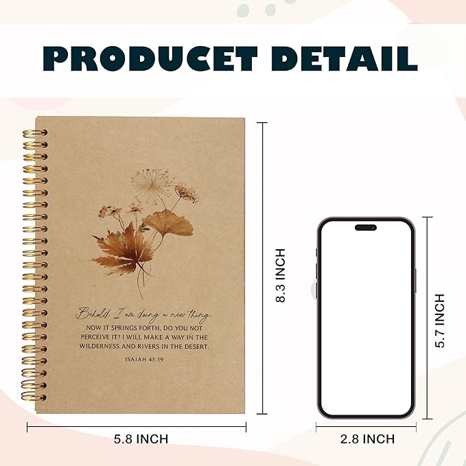 Behold I am Doing a New Thing Floral Christian Notebook Journal, Christian Gifts for Women, Bible Notebooks for Note Taking, Bible Journaling Notebook, Hardcover Spiral Notebook 5.5x8.3 kraft paper-DeskLoop Office