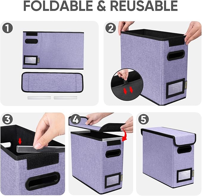 BALEINE File Organizer Box with Lid, Collapsible File Folder Organizer with Plastic Slide, Hanging File Folder Box for Office Document Storage (1 Pack, Purple, S)-DeskLoop Office