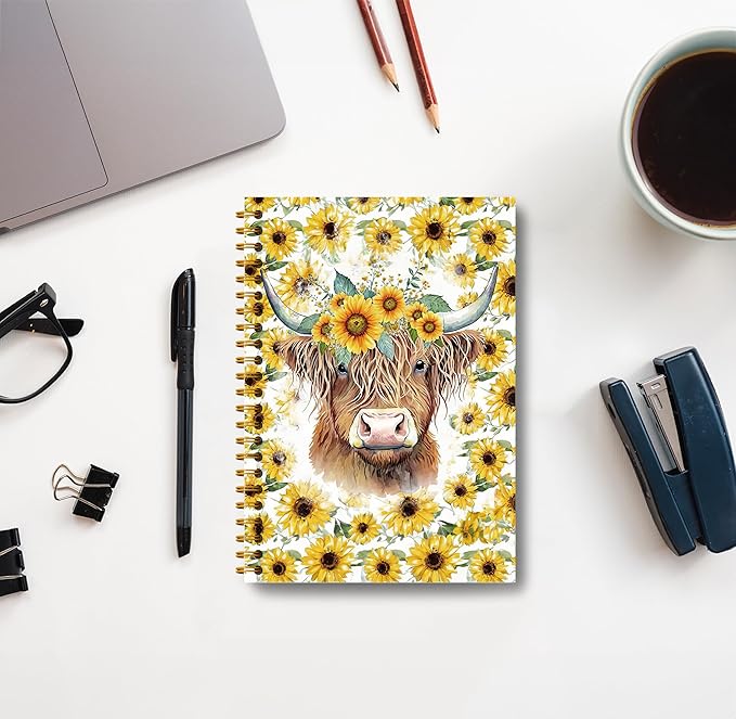 Highland Cow Notebook Journal - Sunflower Notebook, 5.5×8.3 Summer Sunflower Spiral Journal Notebook, Highland Cow Gifts, Cow Gifts for Women, 164 Pages-DeskLoop Office