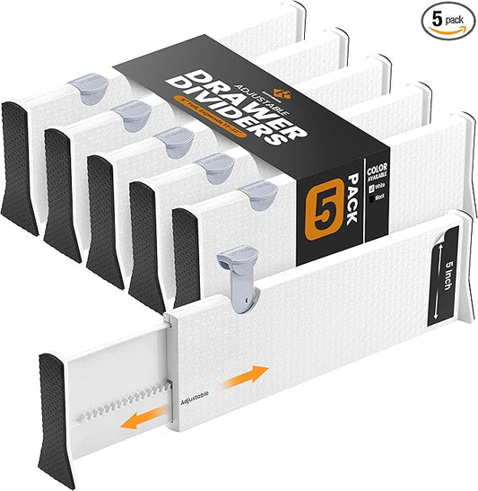 RAPTUROUS Adjustable Deep Drawer Divider – 5" Tall, Expandable 13-22", 5-Pack, Non-Slip Drawer Dividers for Clothes, Dresser, Kitchen & Office Organization (White)-DeskLoop Office