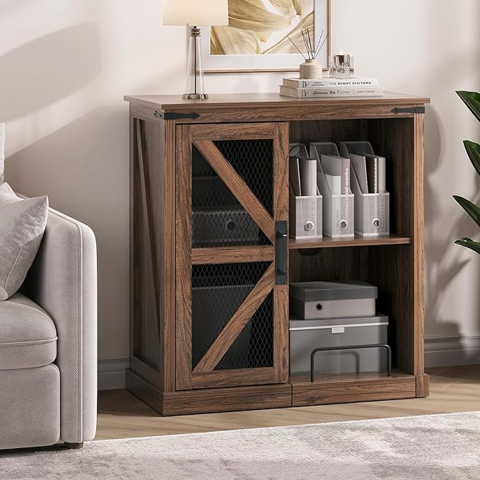 Printer Stand with Storage,File Cabinet with Socket and USB Charging Port,Farmhouse Paper Shredder Stand Rack with Slide-Out Shelf,Walnut-DeskLoop Office