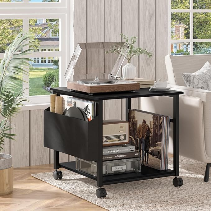 Lerliuo Large Printer Stand with Storage Shelf, 23.6 x 23.6 x 22.8 Industrial Printer Table for Home Office, Rolling Printer Cart Holder with Lockable Wheels, Mobile Mini Fridge Stand Table (Black)-DeskLoop Office