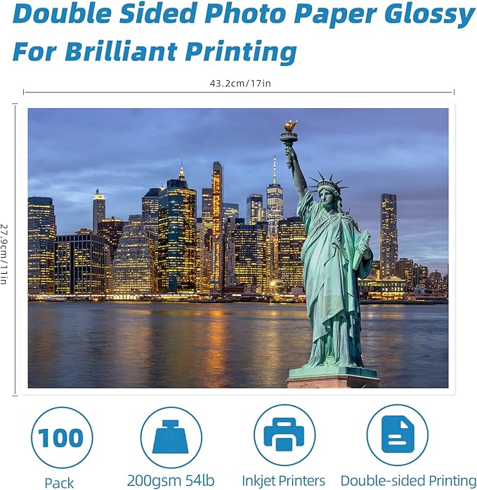 Uinkit 100 Sheets Double Sided Photo Paper 11x17 Glossy 54lb Inkjet 200gsm Obituary Bulletin Gallery Show Obituaries A3 size 11 x 17 inch for Inkjet Printer Printing-DeskLoop Office