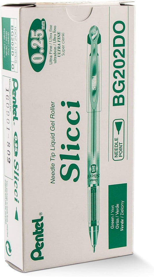 Pentel Arts Slicci 0.25 mm Extra Fine Gel Pen, Green Ink, Box of 12 (BG202-D)-DeskLoop Office