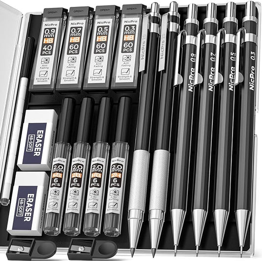 Nicpro 6 PCS Art Mechanical Pencil Set, Black Metal Drafting Pencil 0.3, 0.5, 0.7, 0.9 mm & 2PCS 2mm Graphite Lead Holder(4B 2B HB 2H) For Writing Sketching Drawing With 8 Lead Refills Eraser Case-DeskLoop Office