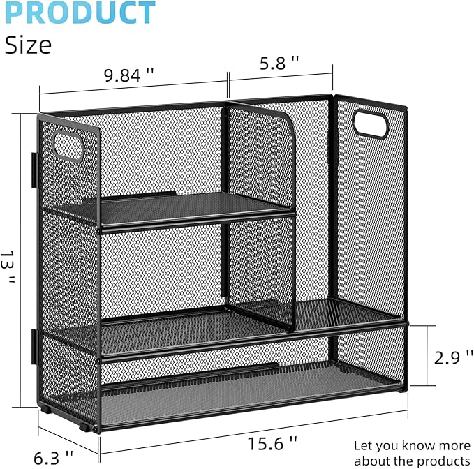 Marbrasse 2-Tier Desk Shelf Organizer with Handle, Desktop Bookshelf File Holder, Mesh Display Shelf Organizer Storage Rack for Office, Home, Supplies, Kitchen (Black)-DeskLoop Office