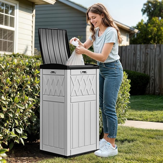 DWVO 36-Gallon Outdoor Trash Can with Fabric Bag, Tiered Lid & Drip Tray, Waterproof Resin Garbage Bin for Patio, Deck, and Backyard, White & Black-DeskLoop Office