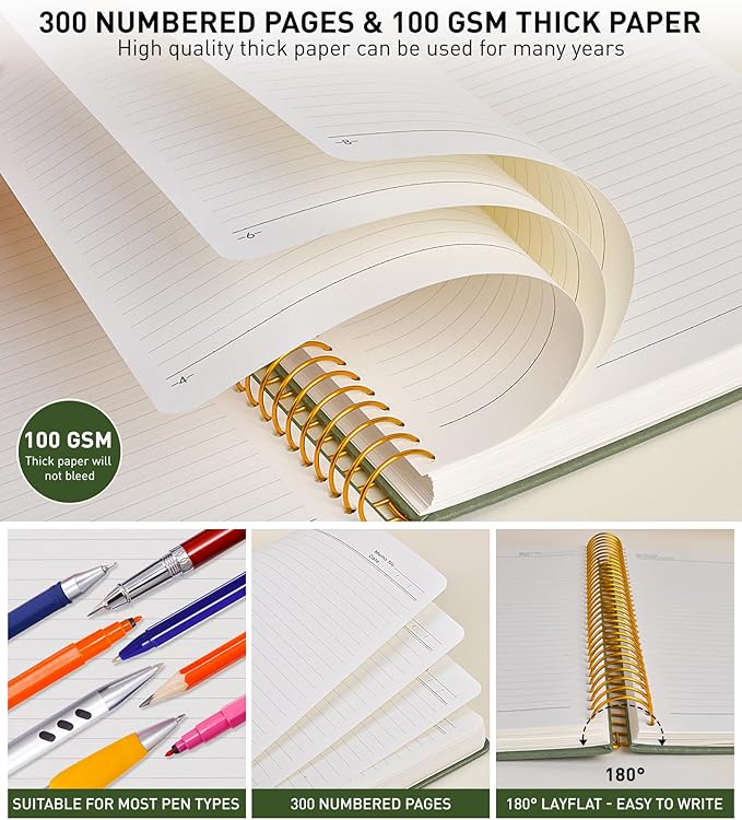B5 Spiral Notebook Journal 7.6” x 10”, 300 Numbered Pages Hardcover Leather Journals for Women Men, Large Lined College Ruled Notebooks, 100GSM Thick Paper, Spiral Bound Journal for Work School, Pink-DeskLoop Office