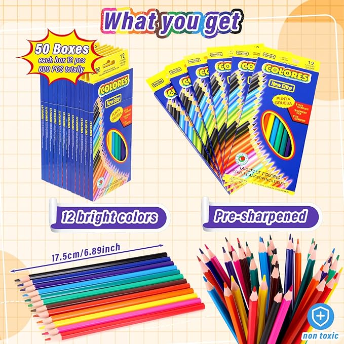 600 Count Colored Pencils Bulk, 12 Assorted Colors, 50 Packs Pre-sharpened Colored Pencils Back to School Supplies Aesthetic Kit for Kindergarten Preschool, with 24 Pcs Sharpeners-DeskLoop Office