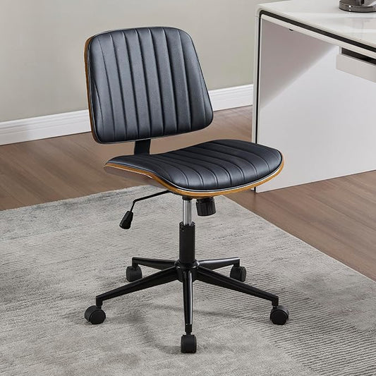 Small Home Office Chair - Armless Mid Back Desk Chair with 360° Swivel and Wheels, PU Upholstered Height Adjustable Modern Walnut Computer Chair for Home, Office Meeting Room - Black-DeskLoop Office