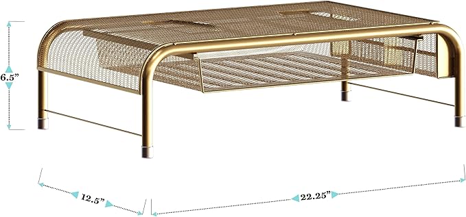 Martha Stewart Ryder Gold Mesh Metal Desktop Monitor Stand Riser with Organizer Drawer and Side Storage, 12.5 x 22.25 x 6.5 inches-DeskLoop Office